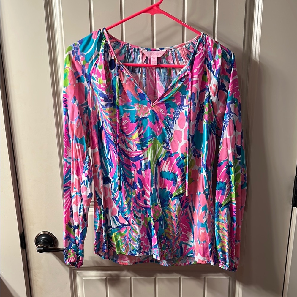 Lilly Pulitzer Pink and Blue Graphic Ruffled Blouse